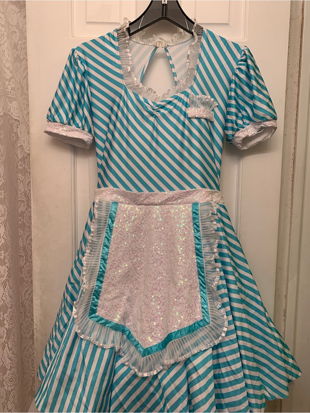 Classic Teal Stripe Teen or Adult Costume Dress with Sparkle Apron